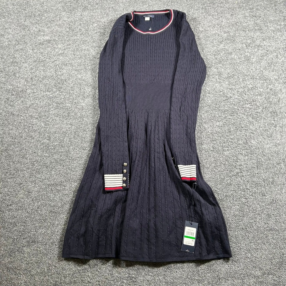 Tommy Hilfiger Sweater Dress Womens Size L Navy Blue Cable Knit Viscose Preppy